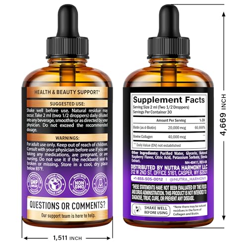 NutraHarmony 60,000 mcg Biotin & Collagen Drops label showcases potency for hair and skin.