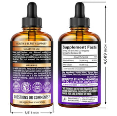 NutraHarmony 60,000 mcg Biotin & Collagen Drops label showcases potency for hair and skin.
