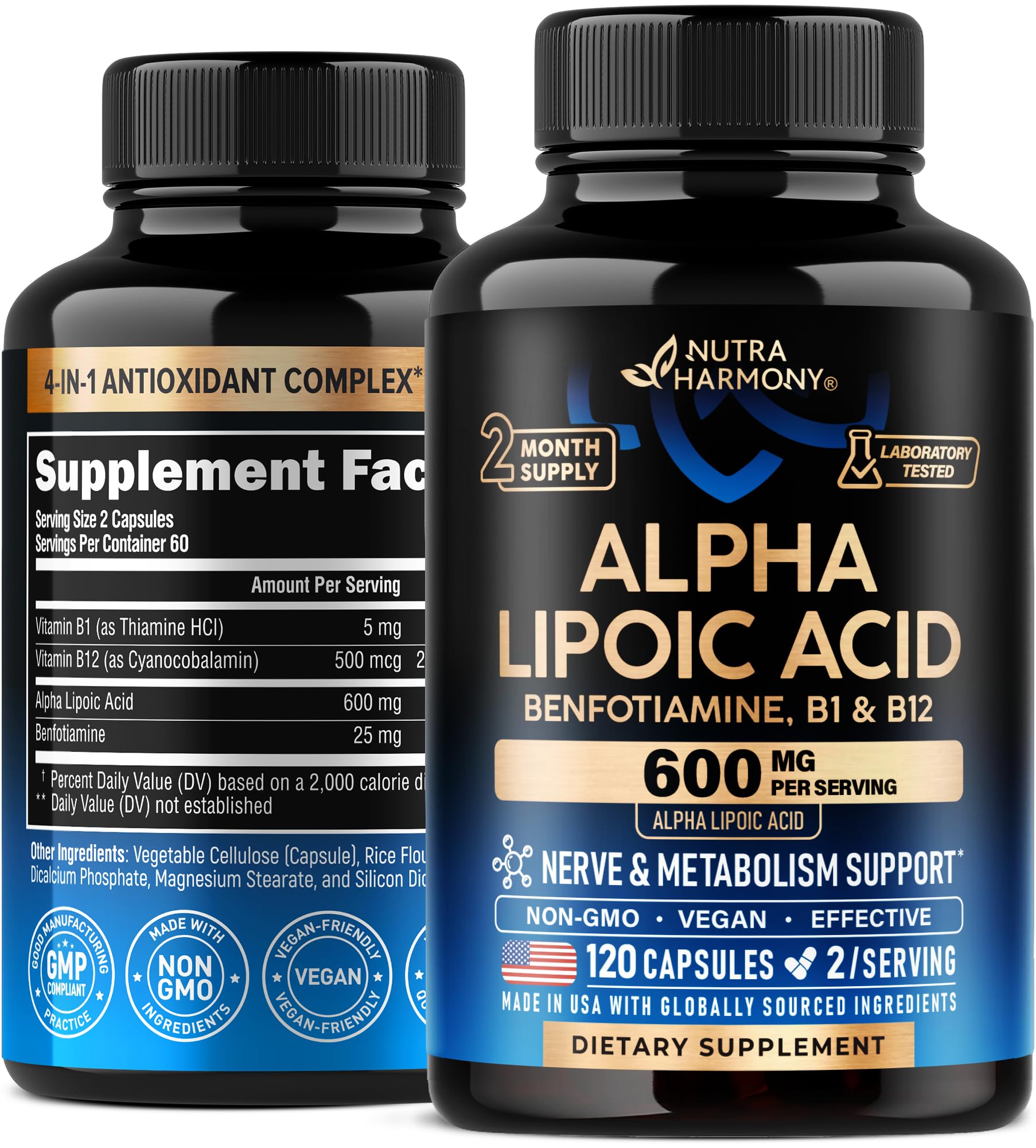NUTRAHARMONY Alpha Lipoic Acid 600mg bottle showcasing potent antioxidant support