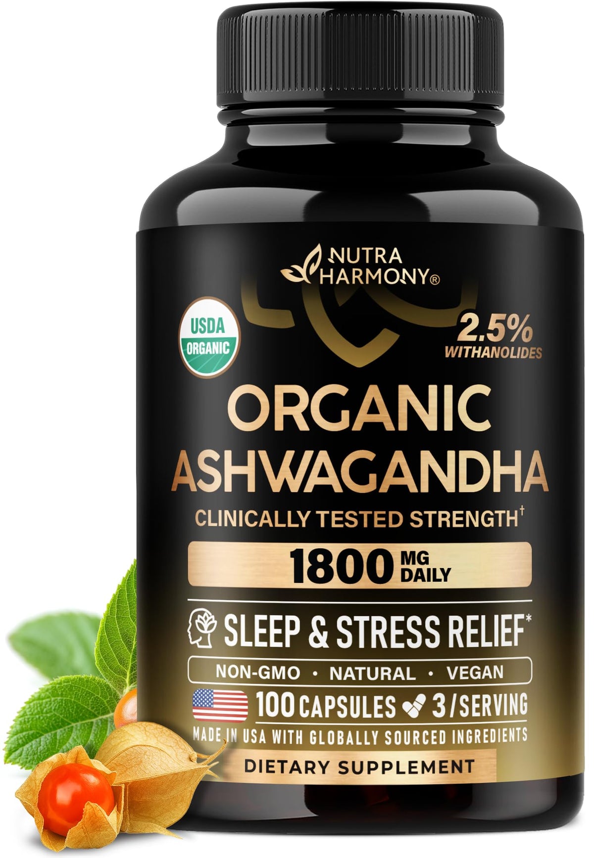 NutraHarmony Ashwagandha bottle front signaling USDA Organic formula for daily stress support.