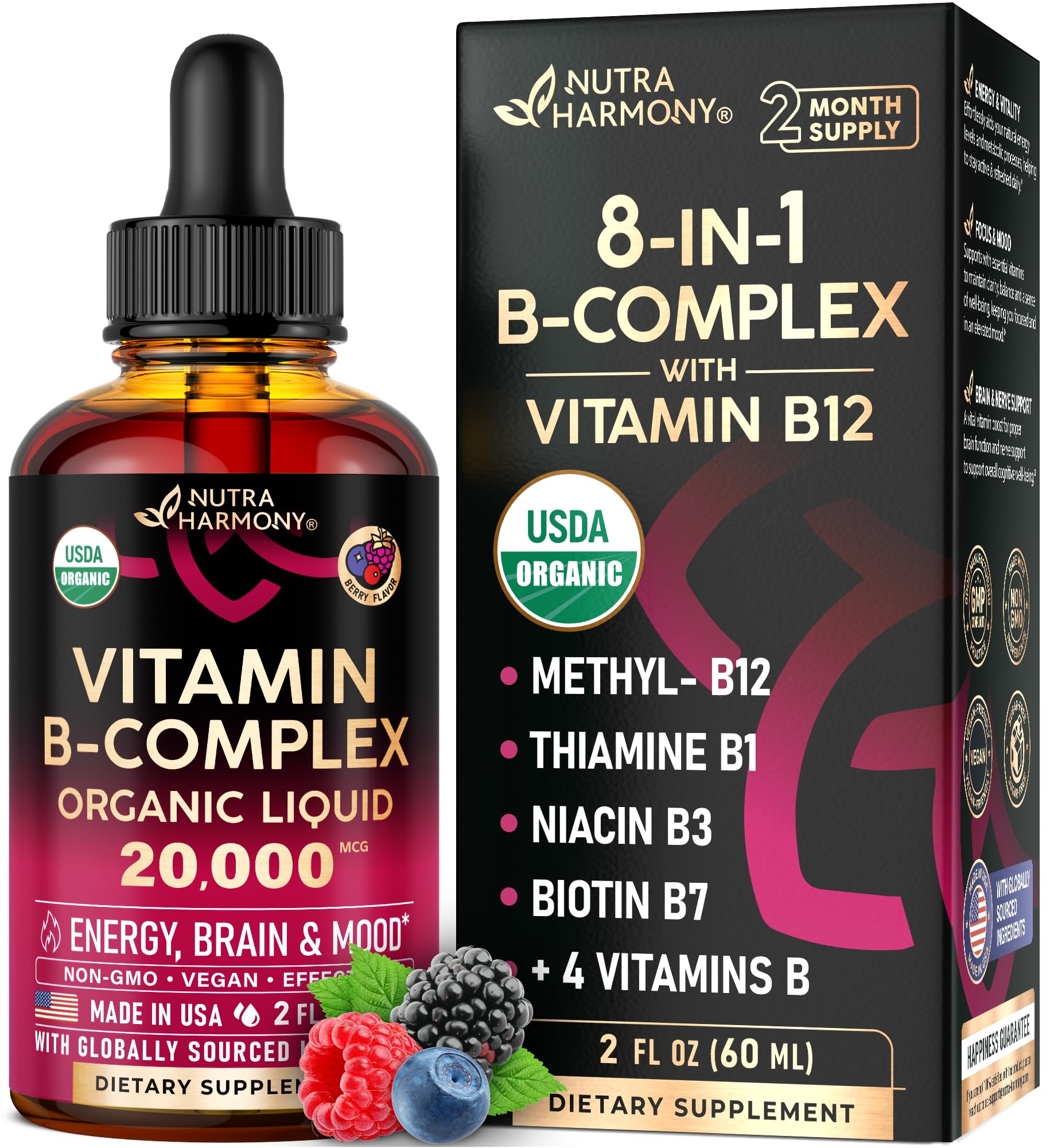 NUTRAHARMONY B Complex Drops bottle pour shows high-potency berry formulation.