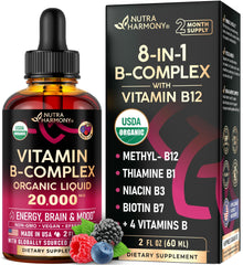 NUTRAHARMONY B Complex Drops bottle pour shows high-potency berry formulation.