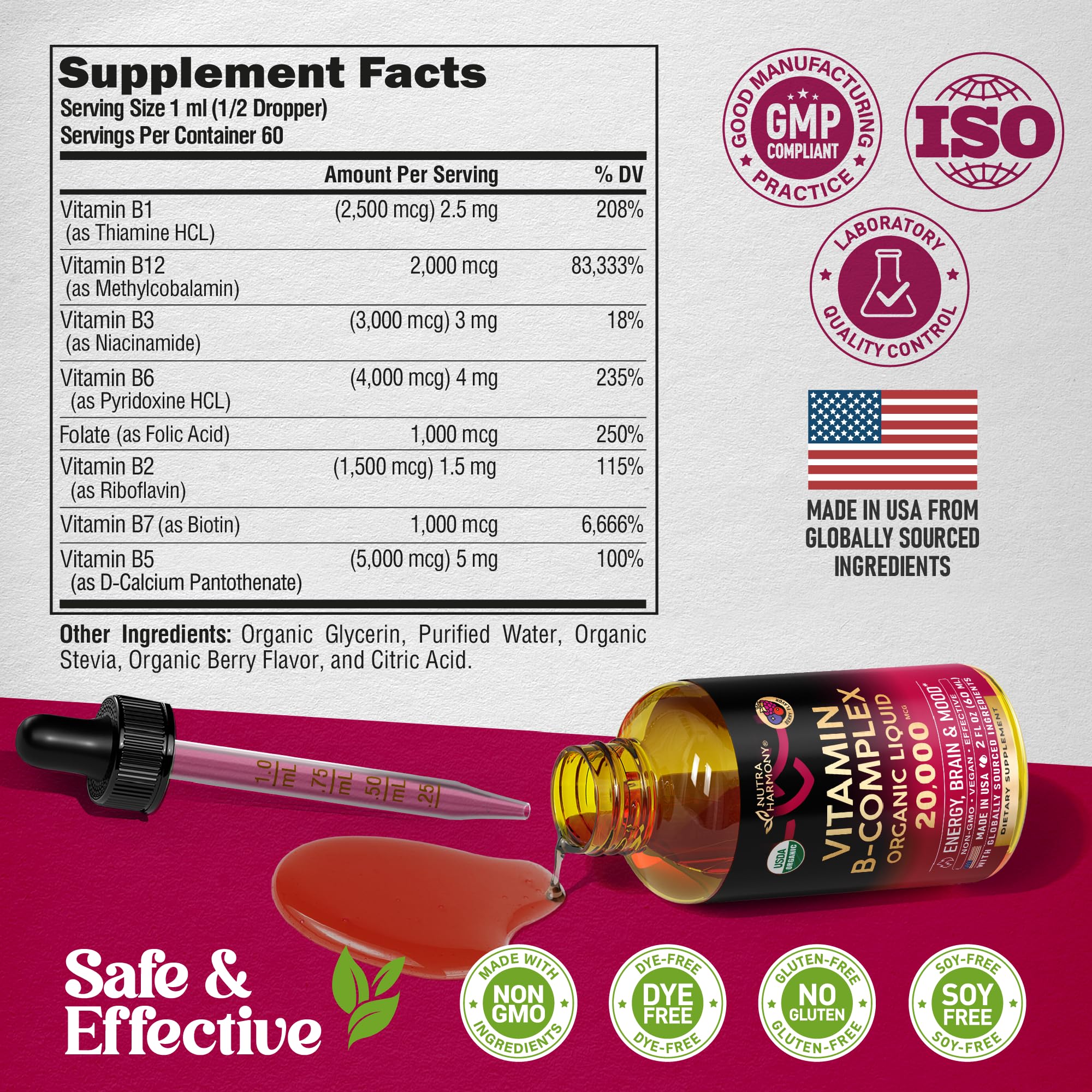 NUTRAHARMONY B Complex Drops ingredients panel highlights B vitamins and B12.