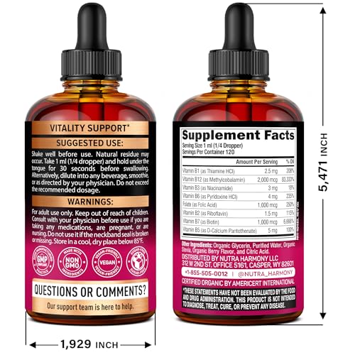 Close-up of the NutraHarmony B Complex Drops label highlights organic, premium quality.