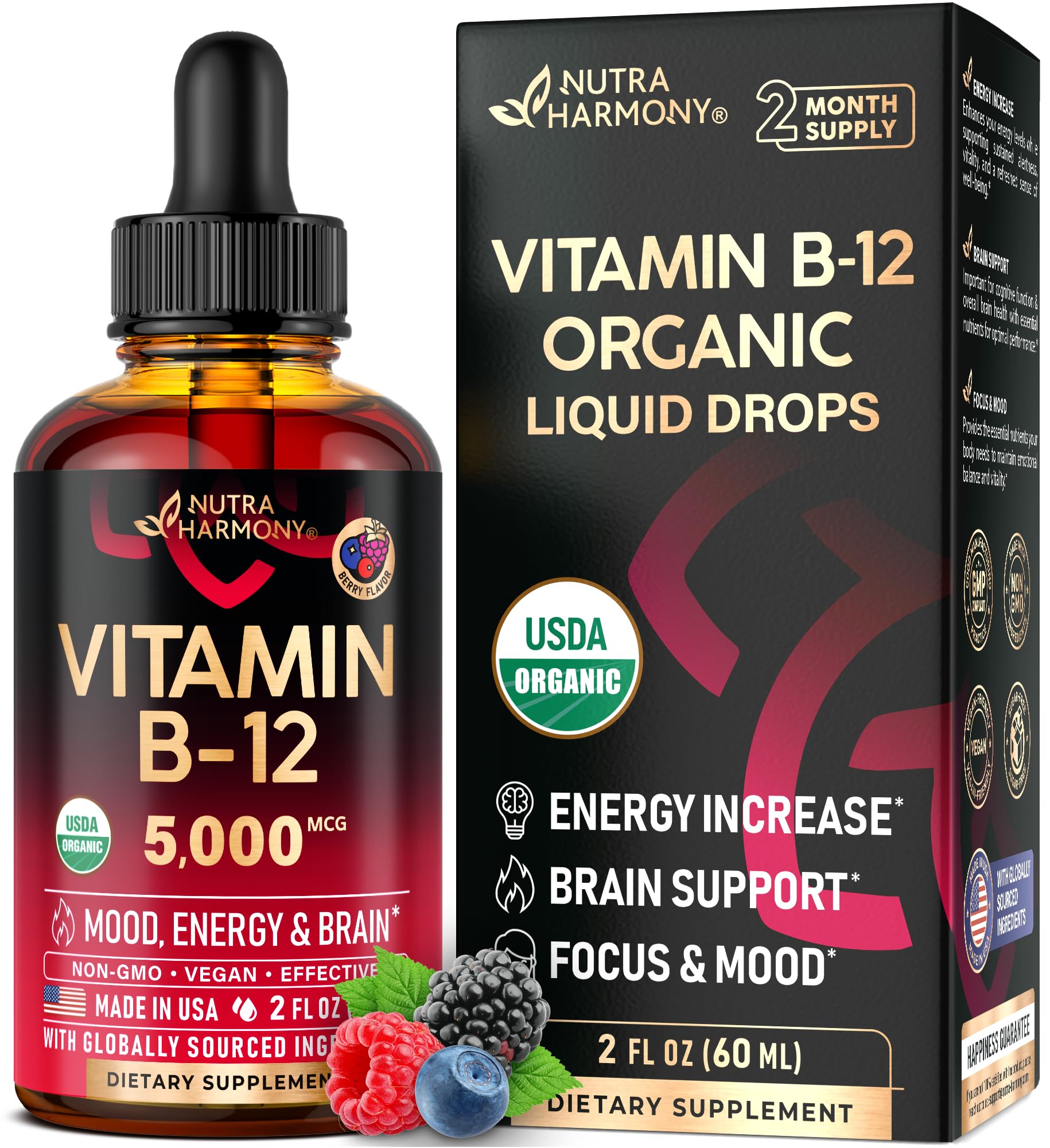 NUTRAHARMONY B12 drops bottle front with berry flavor for energy support.