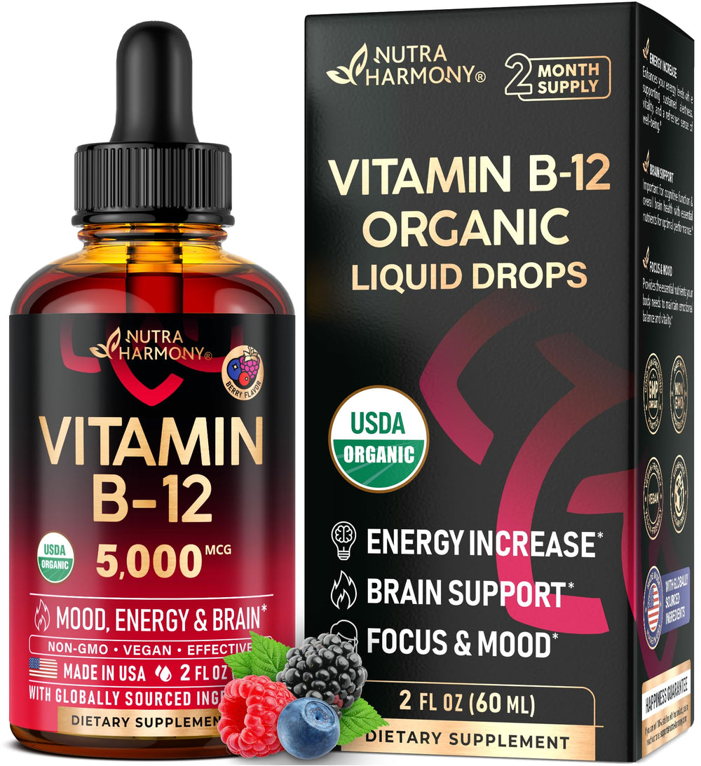 NUTRAHARMONY B12 drops bottle front with berry flavor for energy support.