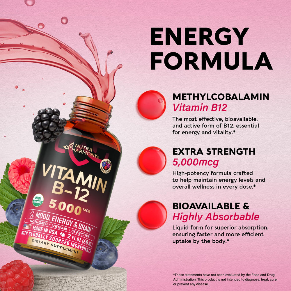 NUTRAHARMONY B12 drops vegan GMO-free formula for clean nutrition and wellbeing.