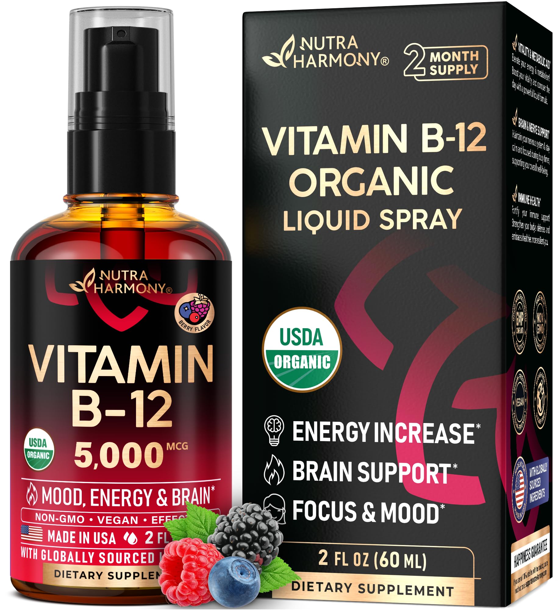 Nutraharmony B12 sublingual spray bottle for quick energy support.