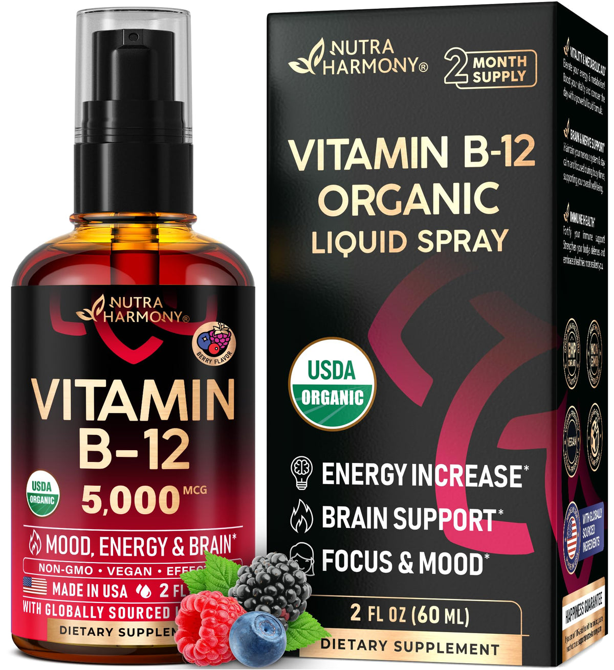 Nutraharmony B12 sublingual spray bottle for quick energy support.