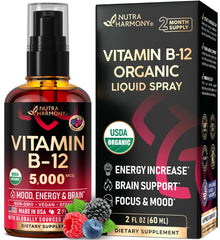 Nutraharmony B12 sublingual spray bottle for quick energy support.