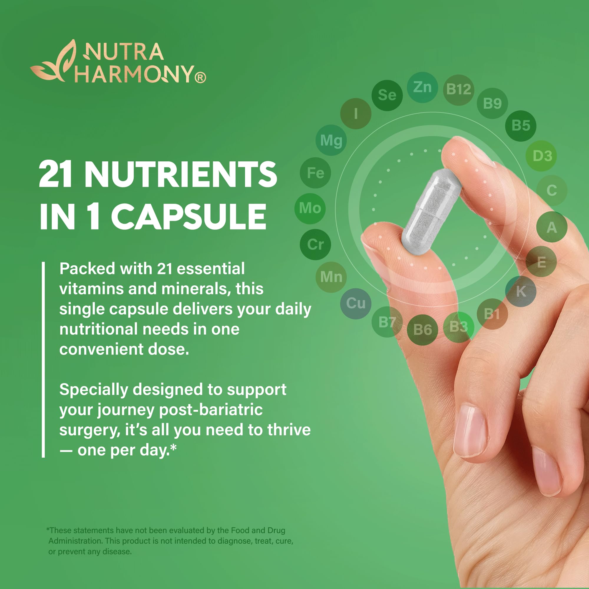 Made in USA seal on NutraHarmony bariatric multivitamin packaging.