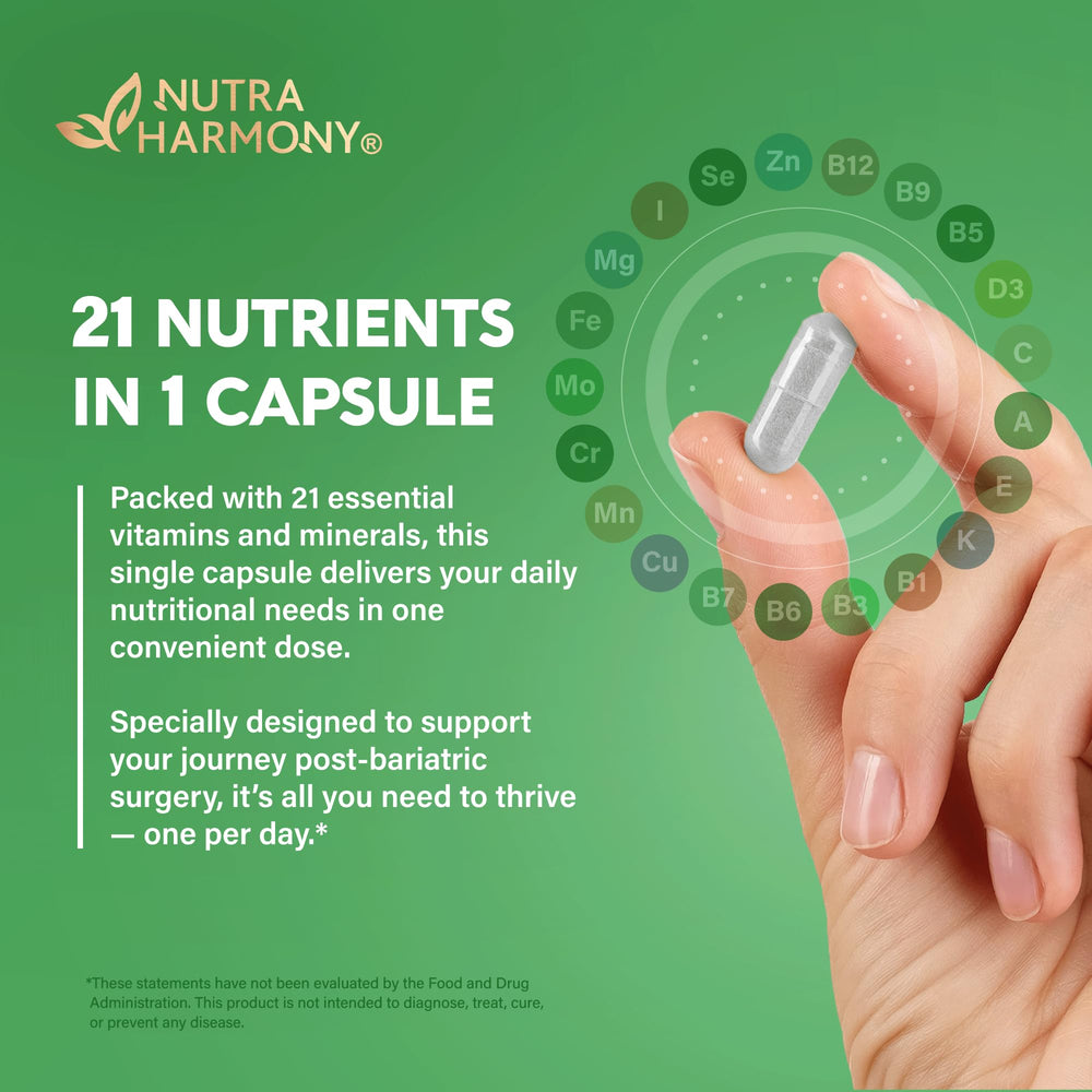 Made in USA seal on NutraHarmony bariatric multivitamin packaging.