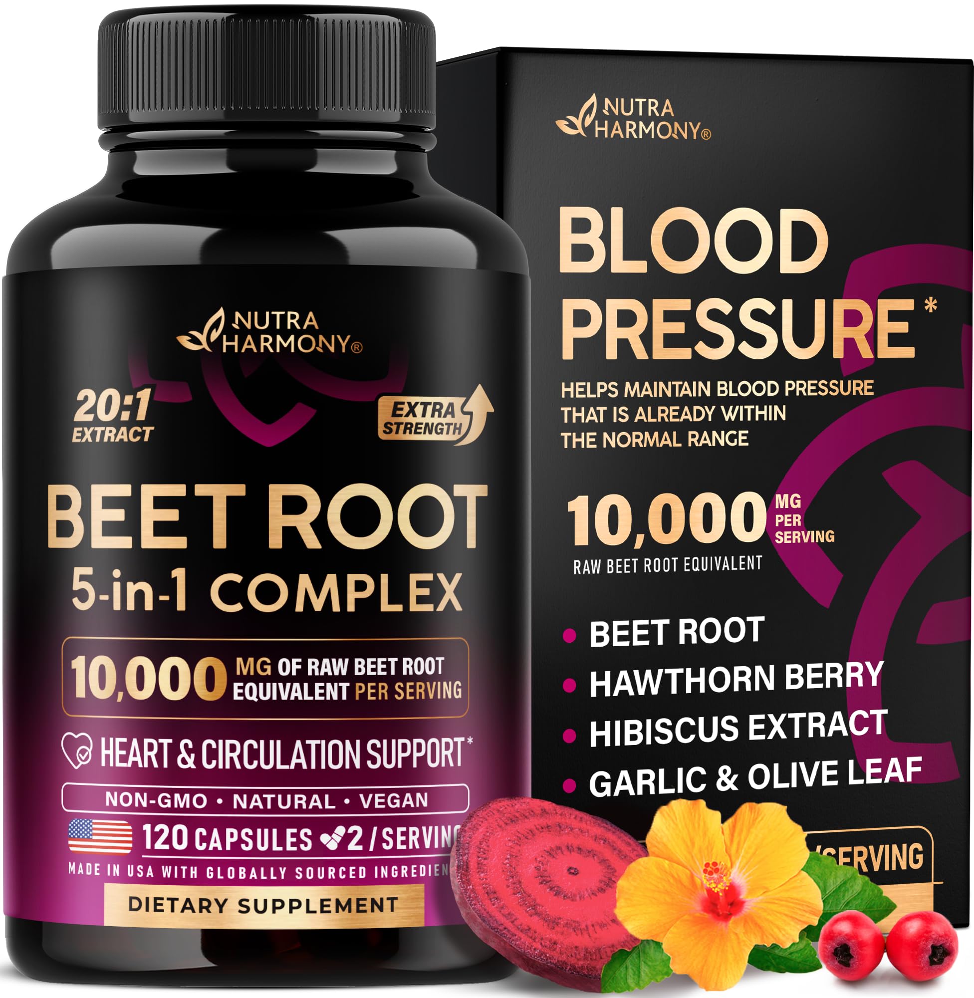 NutraHarmony Beet Root 5-in-1 bottle supports heart health and circulation.