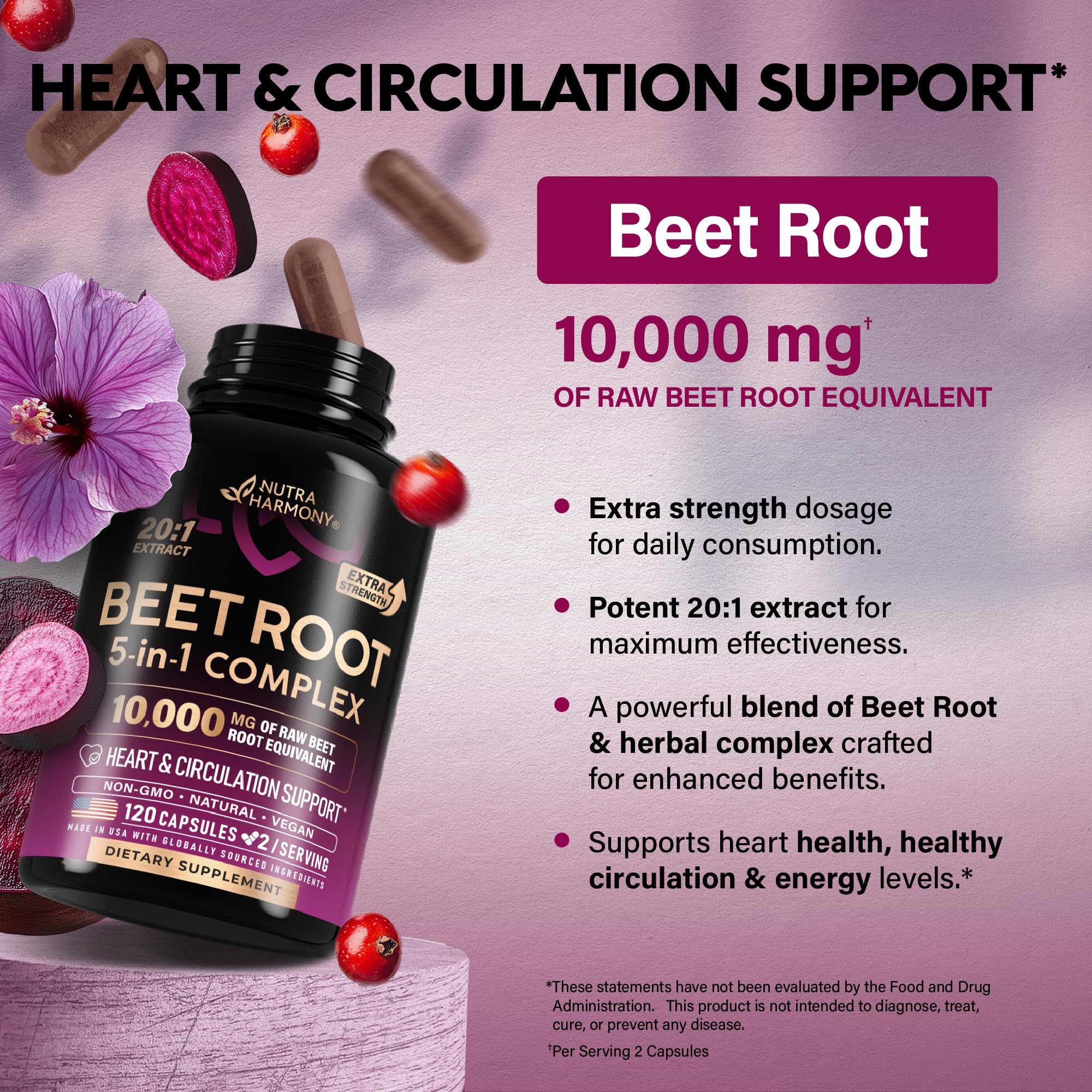 NutraHarmony Beet Root 5-in-1 Hibiscus illustrates natural circulation support.