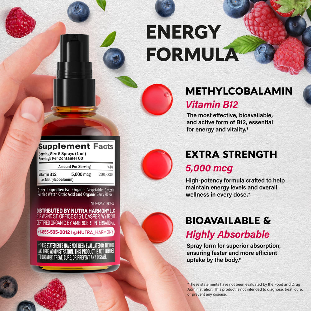 Nutraharmony berry-flavor B12 spray droplets ready for intake.