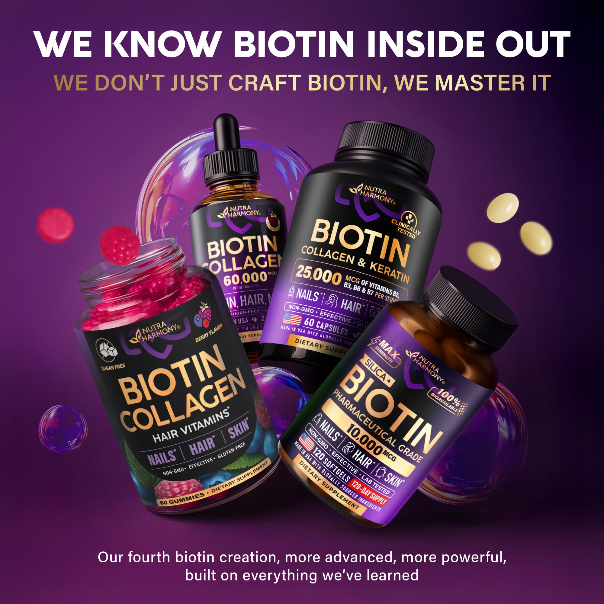 NUTRAHARMONY Biotin Collagen berry gummies vivid color conveys flavor appeal.