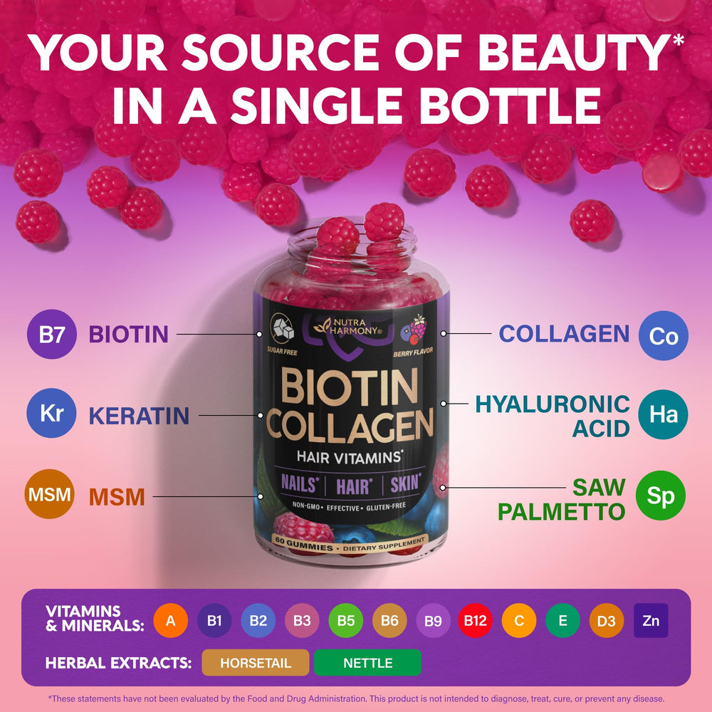 NUTRAHARMONY Biotin Collagen gummies hair skin nails icon suggests overall glow