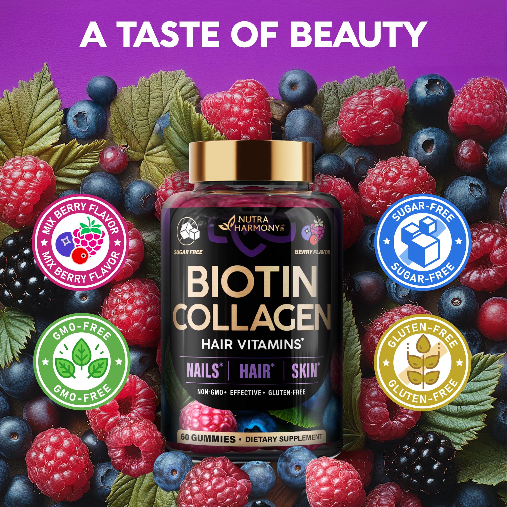 NUTRAHARMONY Biotin Collagen gummies ingredients overlay shows 21-in-1 blend