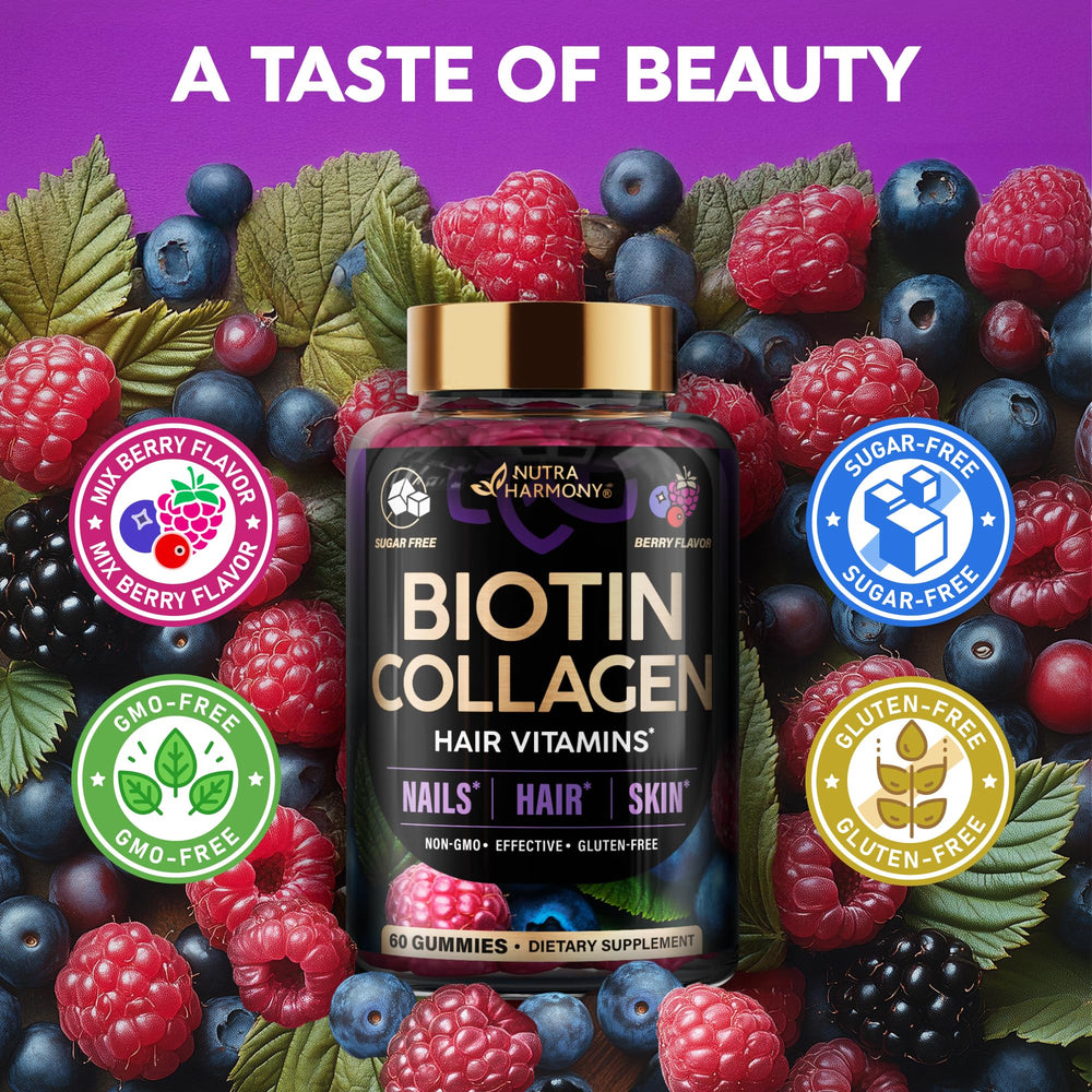 NUTRAHARMONY Biotin Collagen gummies ingredients overlay shows 21-in-1 blend