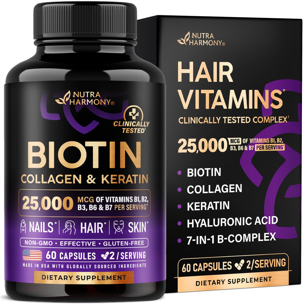 NutraHarmony Biotin-Collagen-Keratin capsules bottle supports hair and skin wellness.