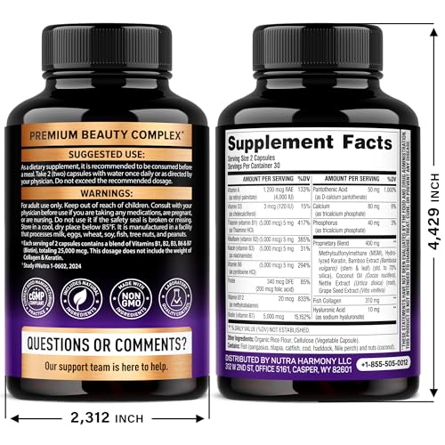 NutraHarmony capsules close-up highlighting Biotin blend for hair support.