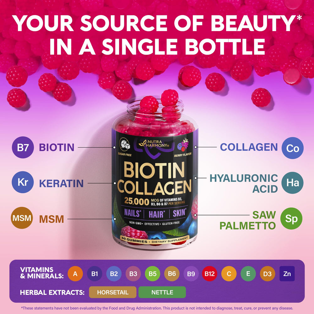 NUTRAHARMONY Biotin Collagen label view highlighting gluten-free and non-GMO claims.