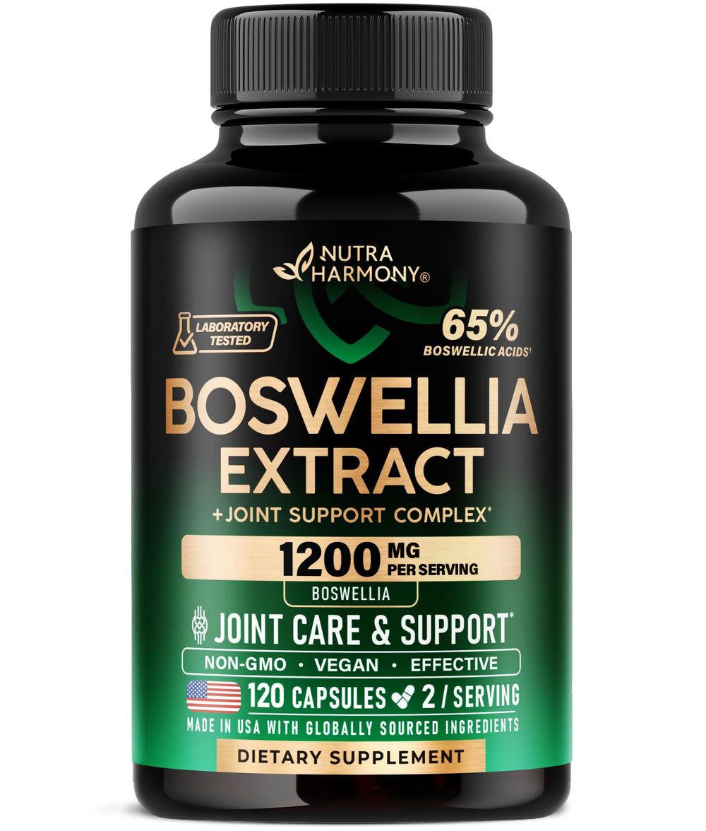 NutraHarmony Boswellia 1200mg capsules bottle highlighting joint support and mobility benefits.