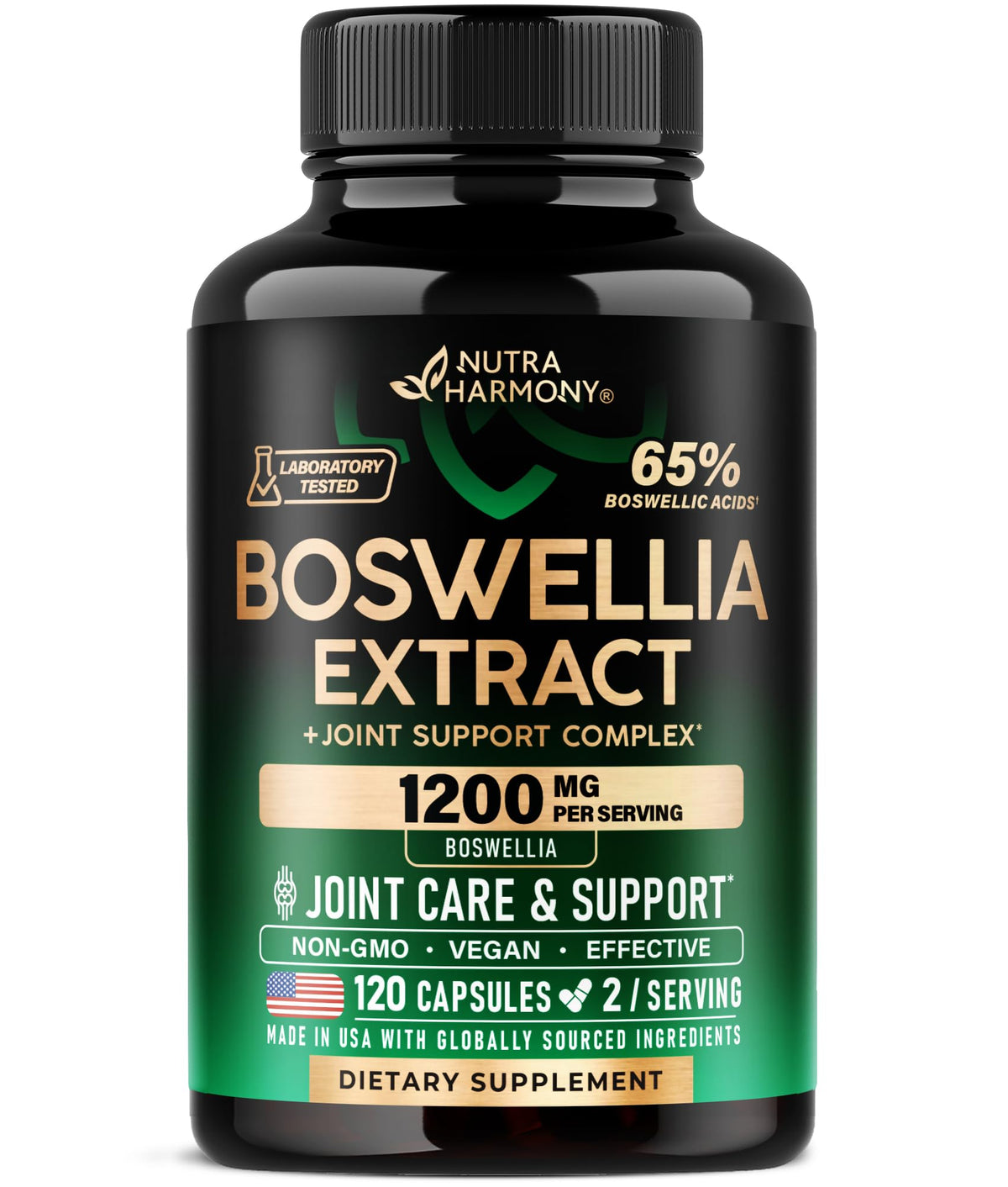 NutraHarmony Boswellia 1200mg capsules bottle highlighting joint support and mobility benefits.