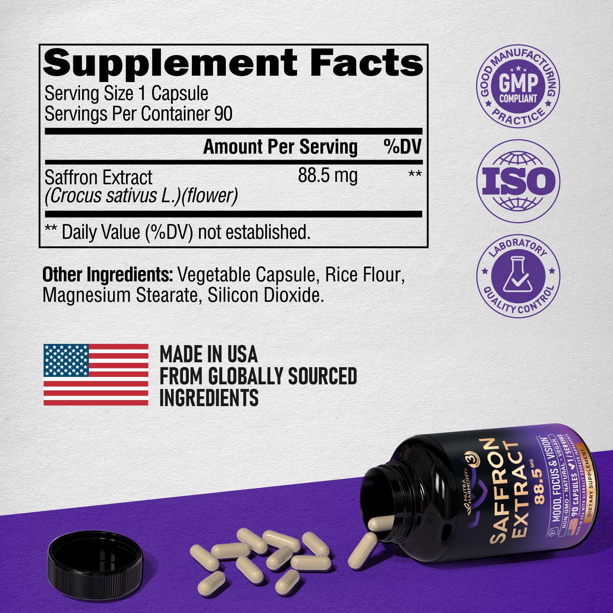 NUTRAHARMONY bottle angle-shot conveys premium, USA-made saffron.