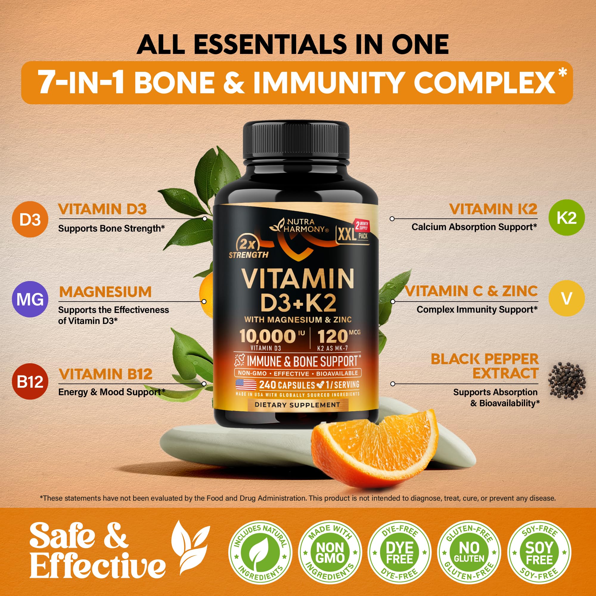 NUTRAHARMONY bottle with magnesium, zinc and vitamin C icons for overall support