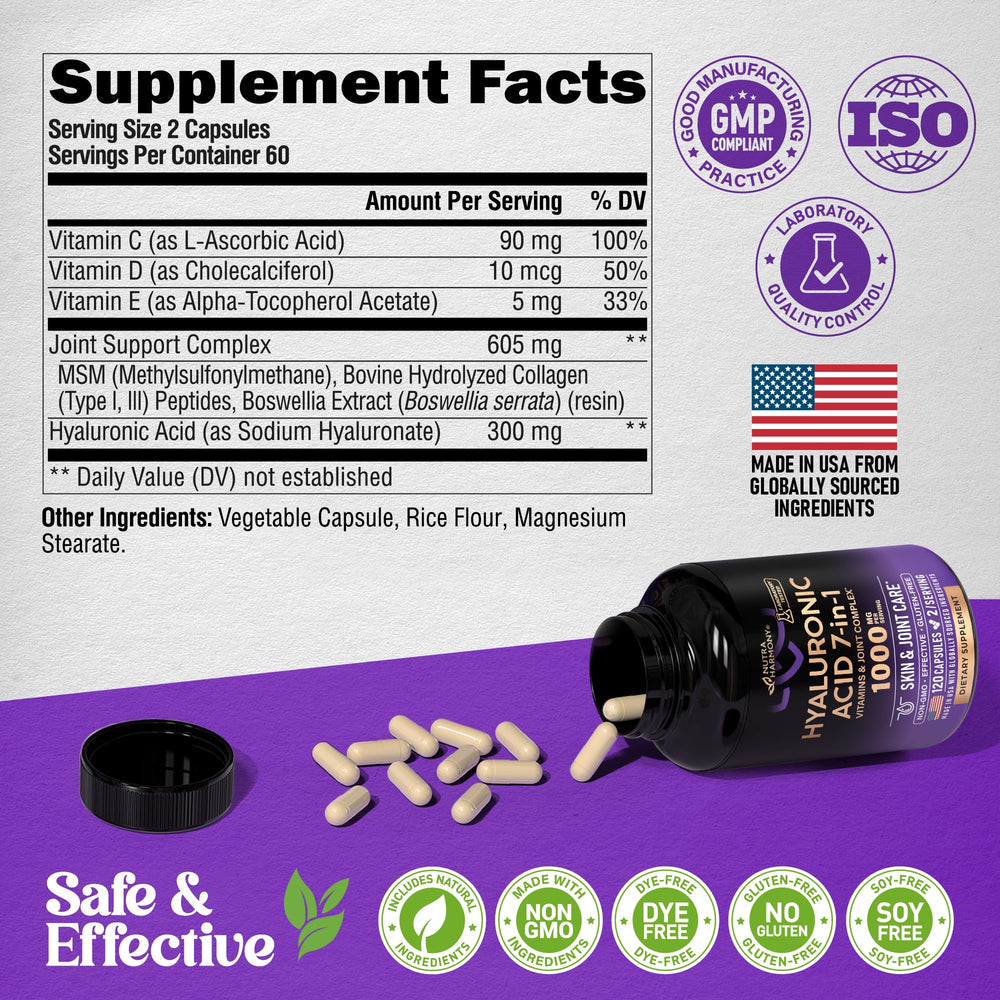 NutraHarmony bottle with ingredients list showcases collagen, MSM, boswellia and vitamins.