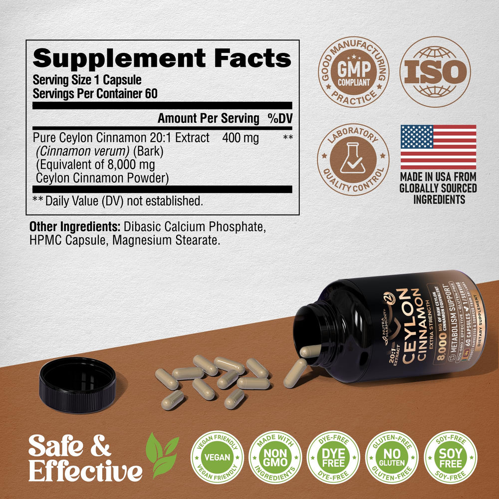 NUTRAHARMONY Cinnamon capsules in a glass bottle on a shelf.
