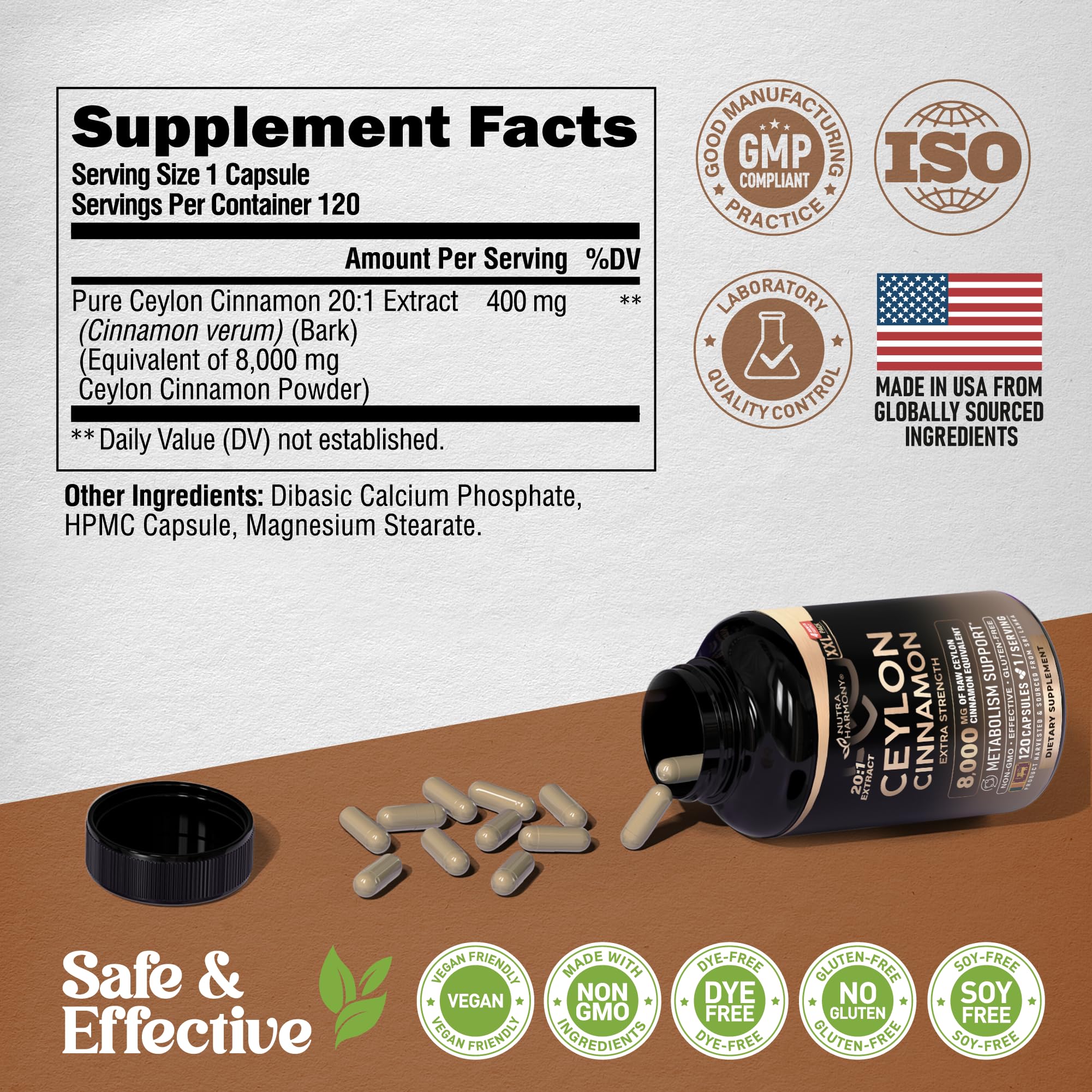 NUTRAHARMONY Ceylon Cinnamon capsules closeup with rich spice aroma