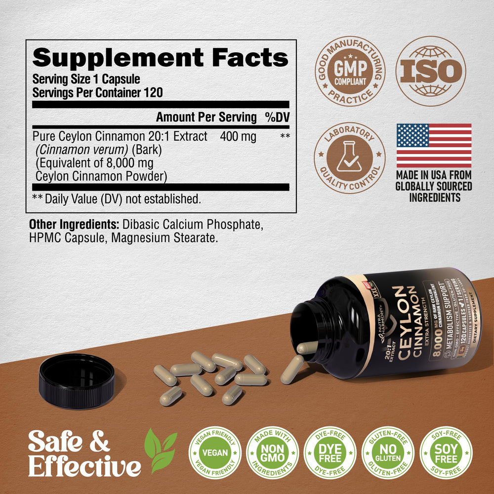 NUTRAHARMONY Ceylon Cinnamon capsules closeup with rich spice aroma