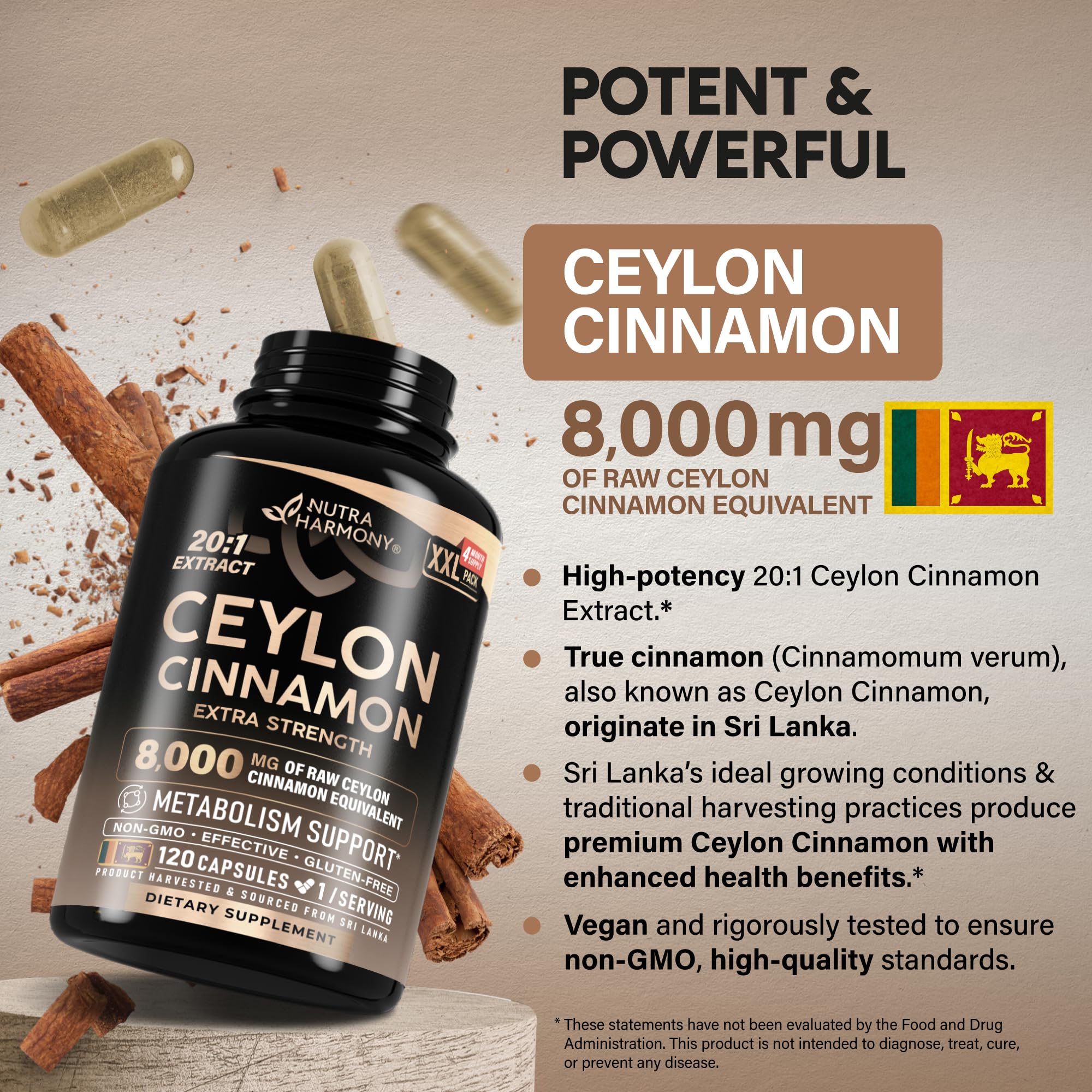 NUTRAHARMONY Ceylon Cinnamon capsules being poured for easy daily intake