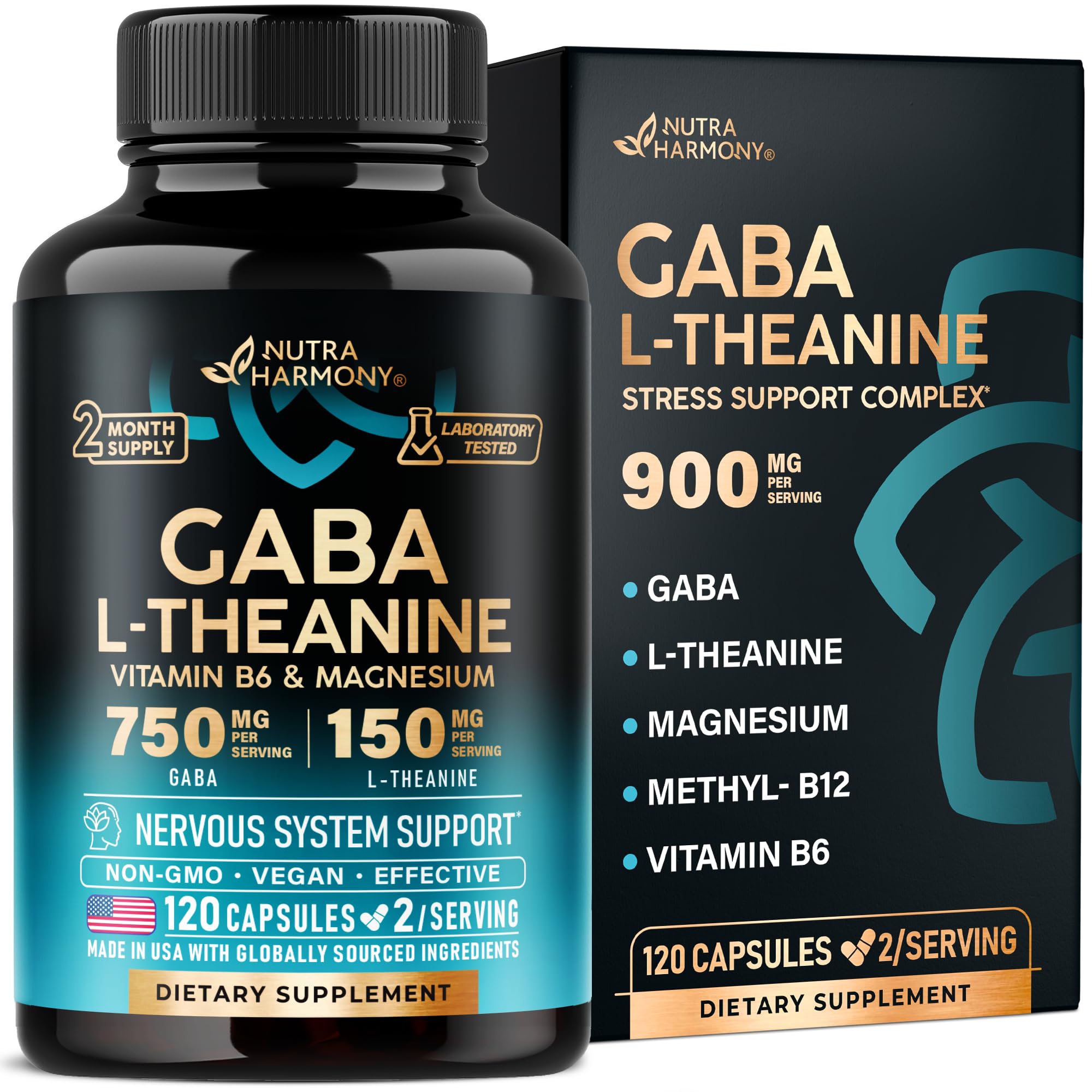 NUTRAHARMONY GABA L-Theanine 900 mg bottle front promotes calmness and daily balance.