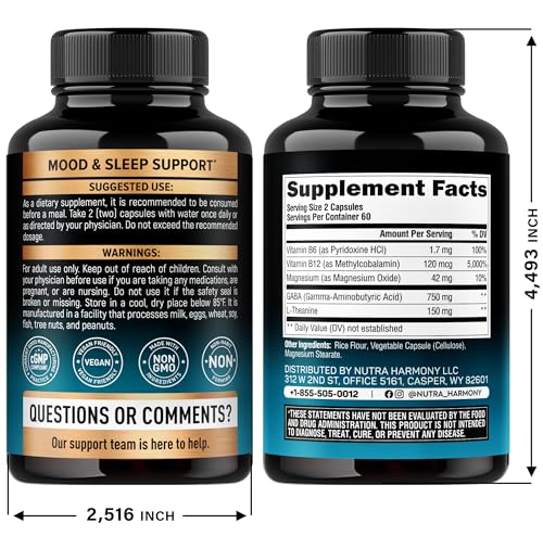 NUTRAHARMONY GABA L-Theanine 900 mg bottle side label highlights purity and vegan formula.