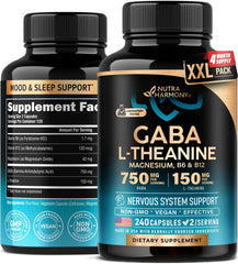 NUTRAHARMONY GABA L-Theanine capsules bottle front supports daily calm.