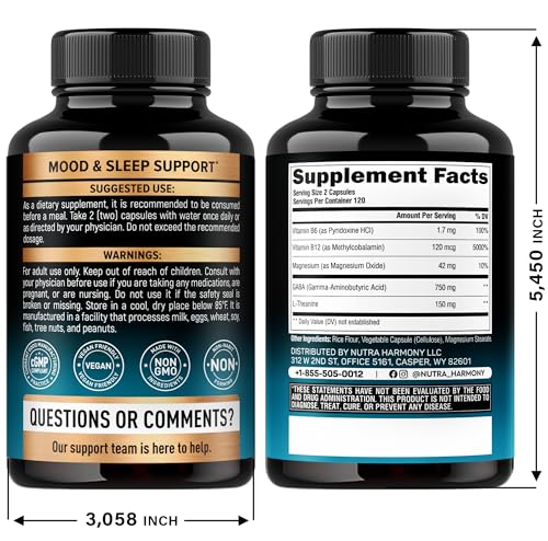 NUTRAHARMONY GABA L-Theanine capsules being poured for easy daily relaxation.