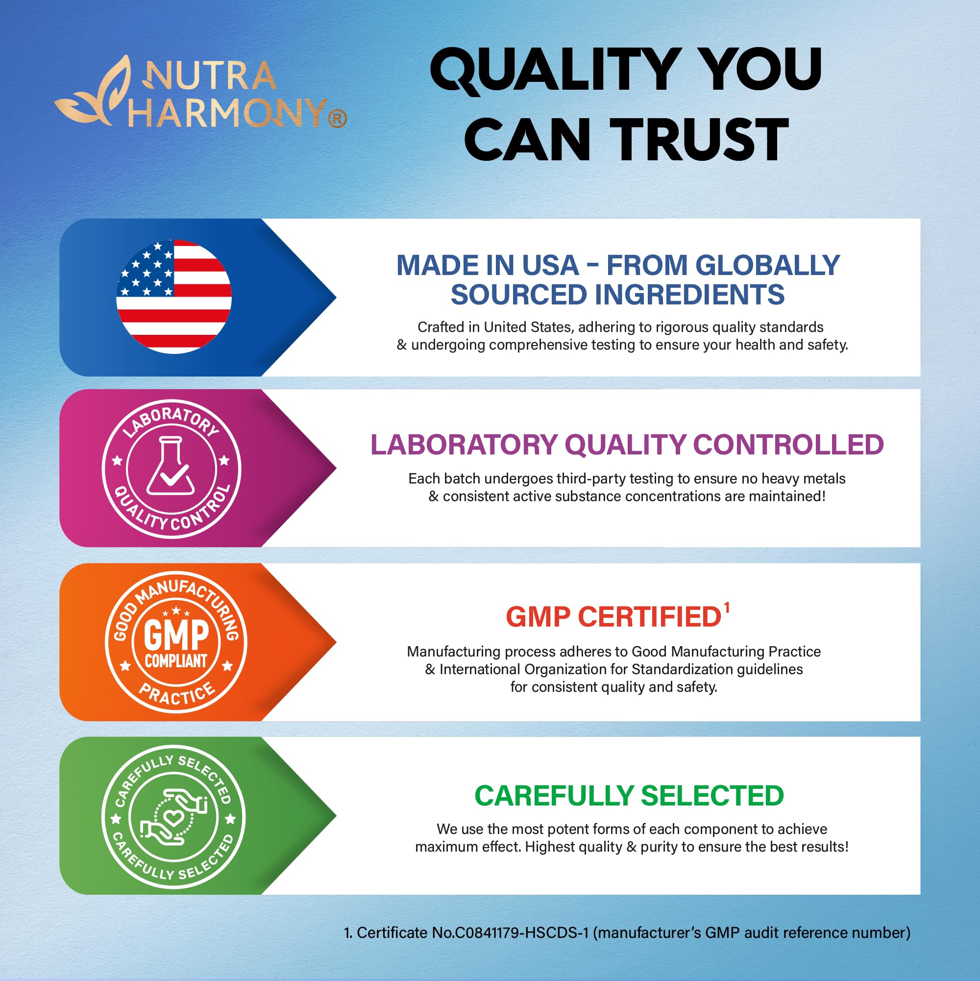 USA-made stamp on NutraHarmony bottle signals trusted manufacturing standards.