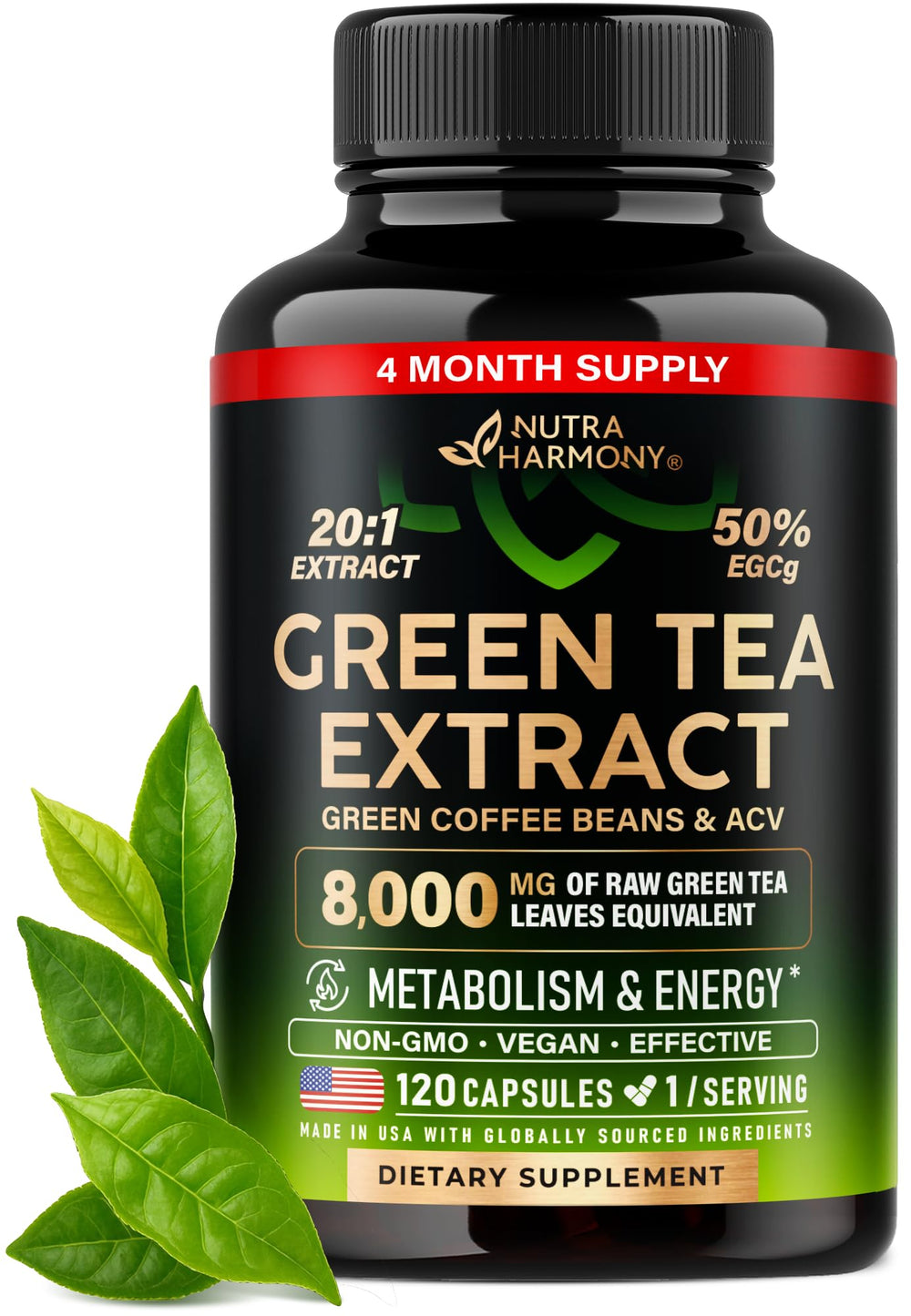 NutraHarmony Green Tea Extract bottle showing potent 50% EGCG for daily energy