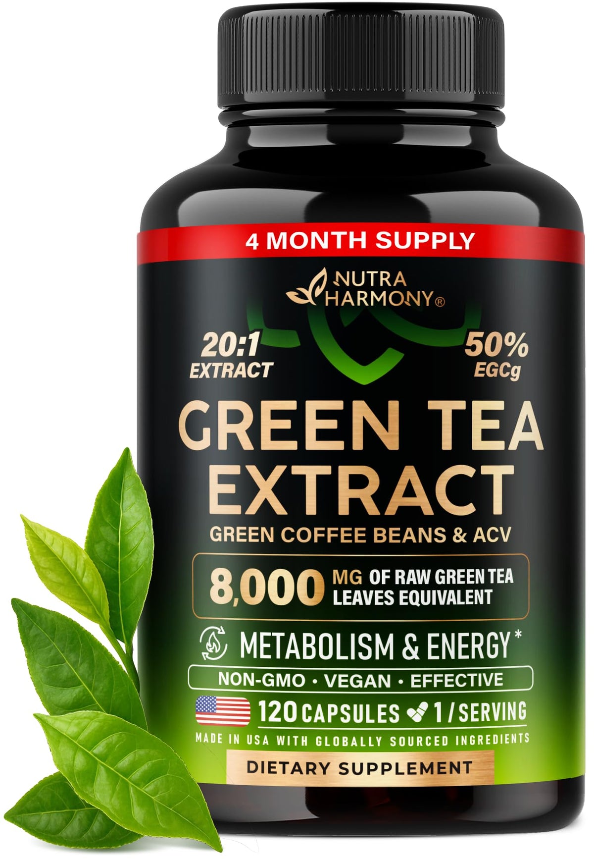 NutraHarmony Green Tea Extract bottle showing potent 50% EGCG for daily energy
