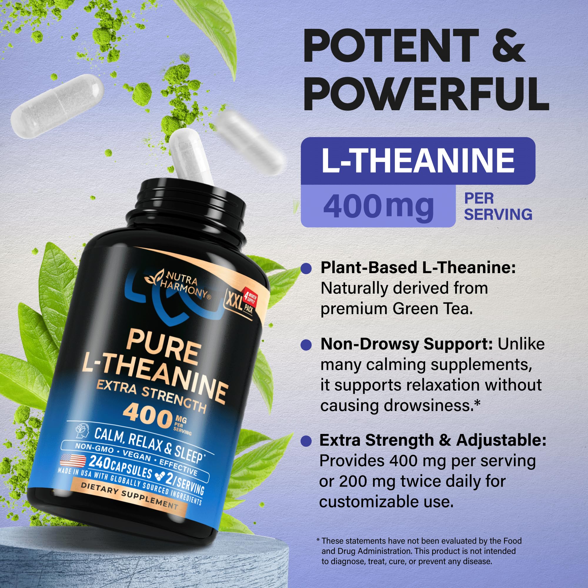 Nutraharmony green tea origin highlights natural source of L-Theanine.