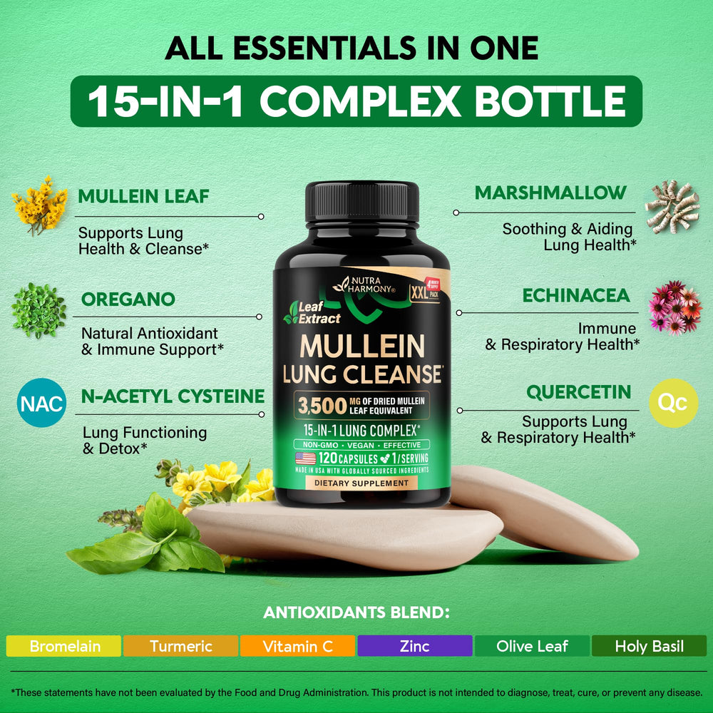 NutraHarmony herbal ingredients pack featuring mullein, marshmallow and oregano components.