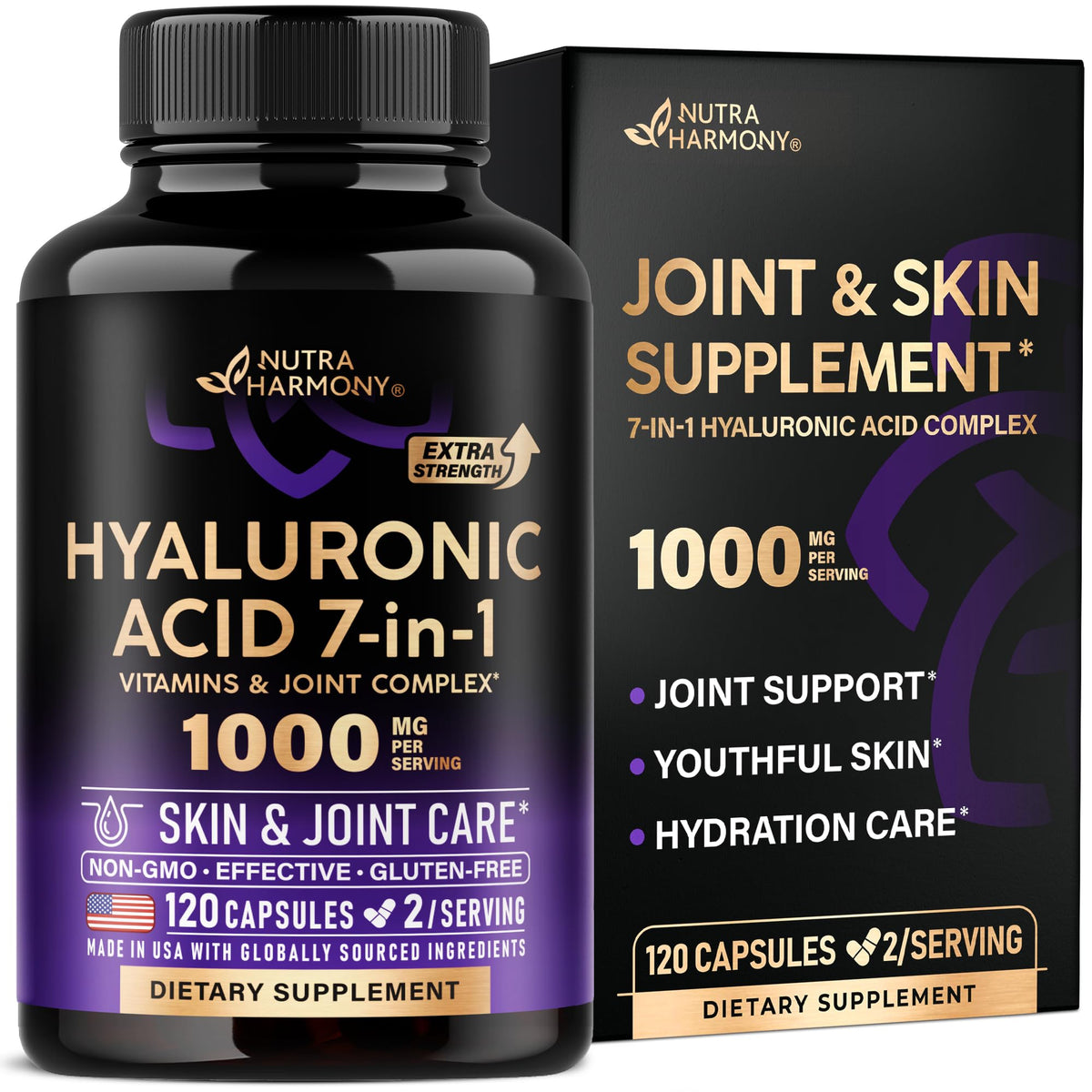 NutraHarmony Hyaluronic Acid Capsules bottle – hydration-focused supplement for skin and joints.
