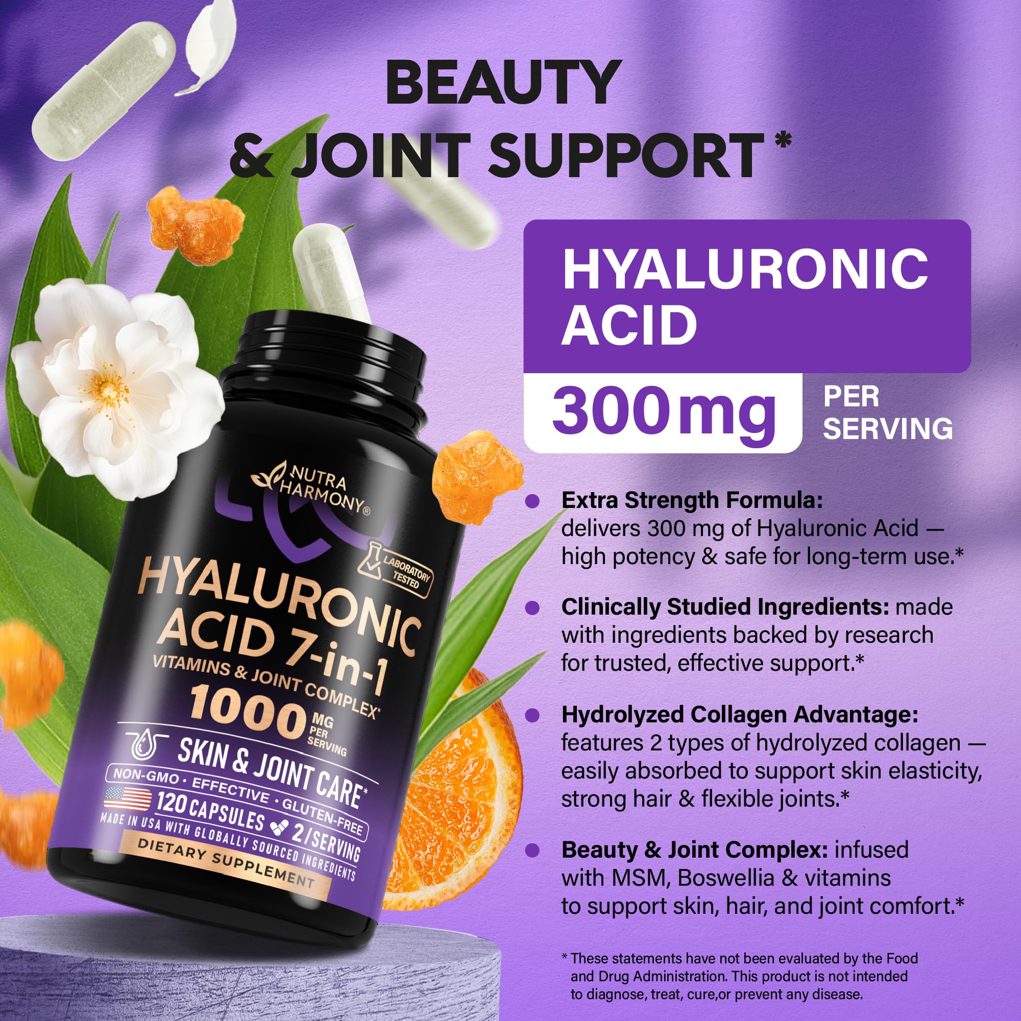 NutraHarmony Hyaluronic Acid Capsules packaging image emphasizes premium ingredients and purity.