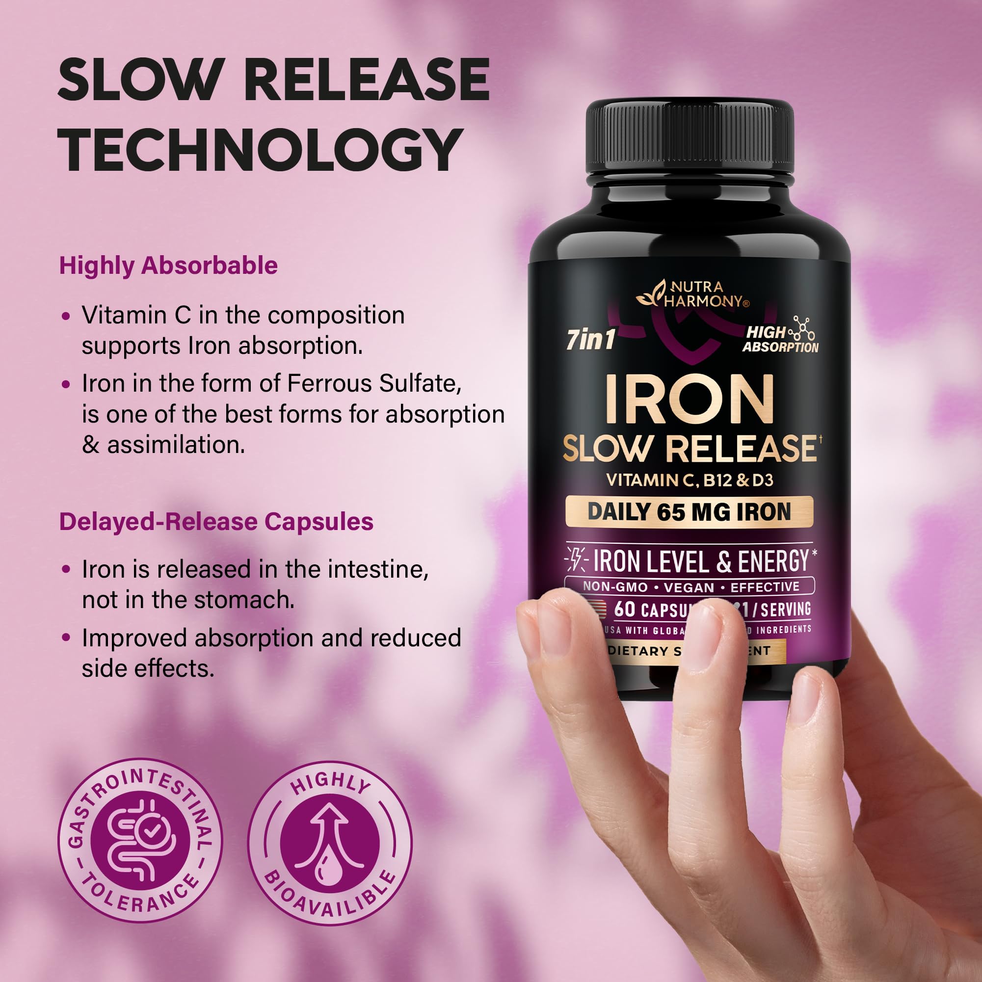 NutraHarmony iron 65mg bottle with a spoon, easy daily intake.