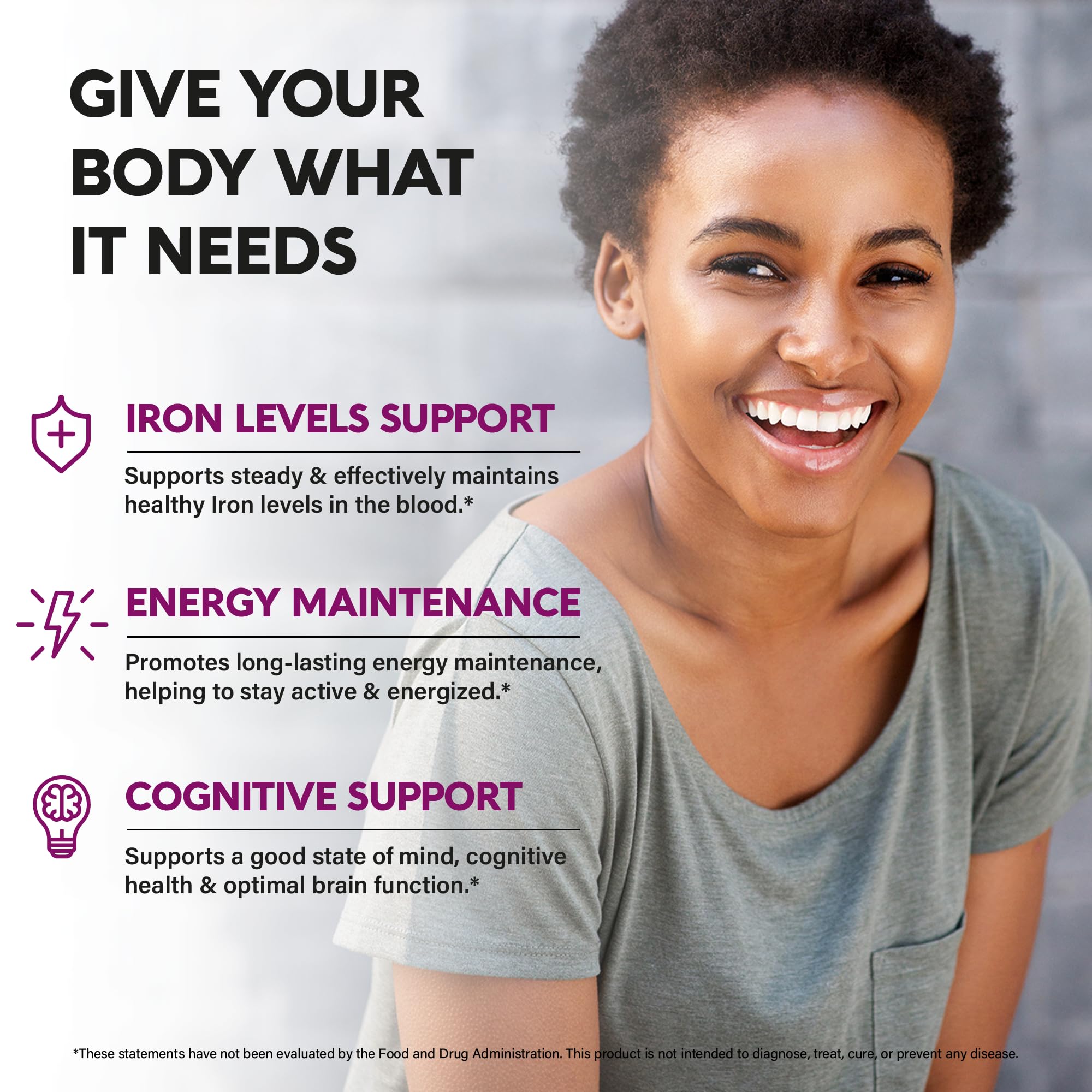 NutraHarmony iron 65mg label detail highlighting its 7-in-1 vitamin blend.