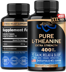 Nutraharmony L-Theanine 400mg bottle promotes calm focus for daily routines.