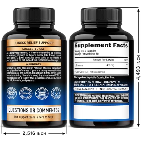 NUTRAHARMONY L-Theanine capsules close-up highlighting vegan, gluten-free formulation.